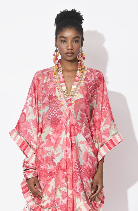 Rishi and Vibhuti_Pink Crepe Embroidery V-neck Muse Embellished Printed Kaftan With Dhoti _Online_at_Aza_Fashions