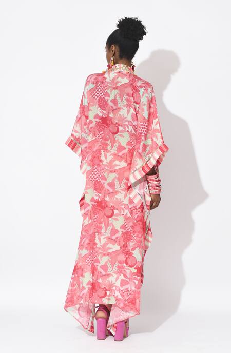 Buy_Rishi and Vibhuti_Pink Crepe Embroidery V-neck Muse Embellished Printed Kaftan With Dhoti _Online_at_Aza_Fashions