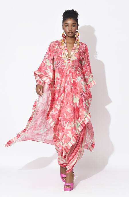 Shop_Rishi and Vibhuti_Pink Crepe Embroidery V-neck Muse Embellished Printed Kaftan With Dhoti _Online_at_Aza_Fashions