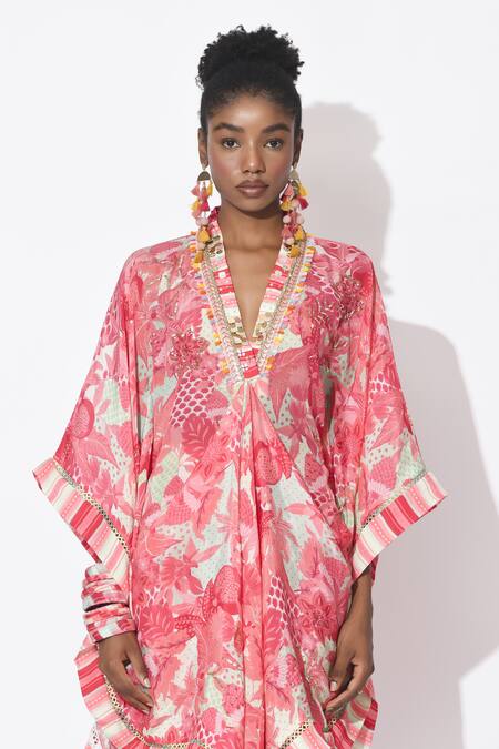 Rishi and Vibhuti_Pink Crepe Embroidery V-neck Muse Embellished Printed Kaftan With Dhoti _at_Aza_Fashions
