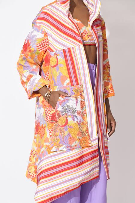 Rishi and Vibhuti_Orange Crepe Sequins, Embroidery Collared Whimsy Waltz Top Pant Set _Online_at_Aza_Fashions