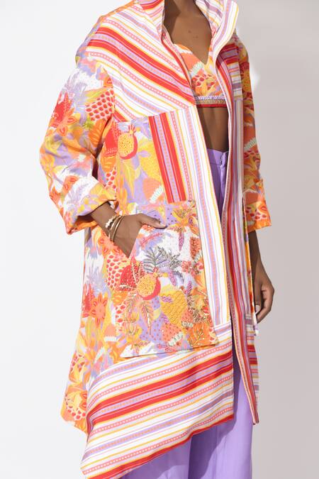 Buy_Rishi and Vibhuti_Orange Crepe Sequins, Embroidery Collared Whimsy Waltz Top Pant Set _Online_at_Aza_Fashions