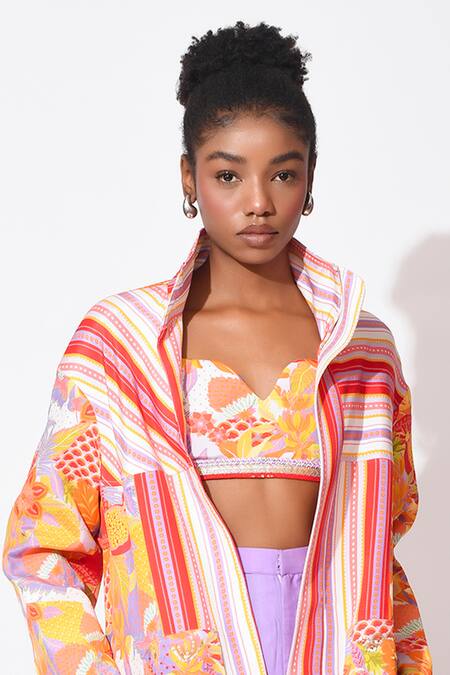 Shop_Rishi and Vibhuti_Orange Crepe Sequins, Embroidery Collared Whimsy Waltz Top Pant Set _Online_at_Aza_Fashions