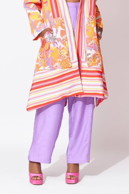Rishi and Vibhuti_Orange Crepe Sequins, Embroidery Collared Whimsy Waltz Top Pant Set _at_Aza_Fashions