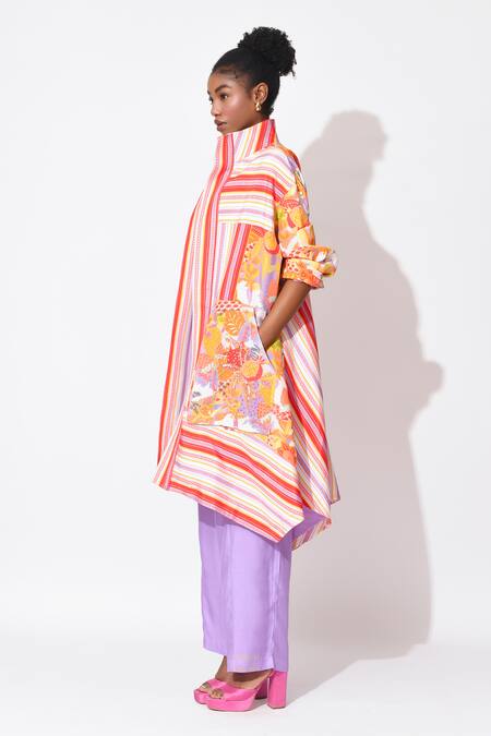 Buy_Rishi and Vibhuti_Orange Crepe Sequins, Embroidery Collared Whimsy Waltz Top Pant Set 