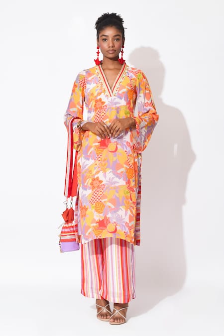 Rishi and Vibhuti Orange Crepe Printed Floral And Stripe Carousel Embellished Kurta With Pant 