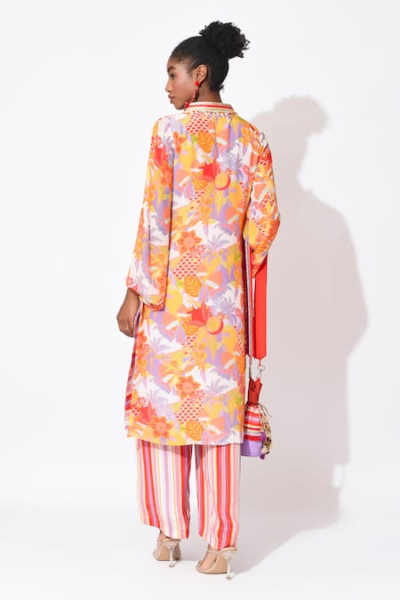 Shop_Rishi and Vibhuti_Orange Crepe Cut Work, Embroidery V-neck Carousel Embellished Kurta With Pant _at_Aza_Fashions