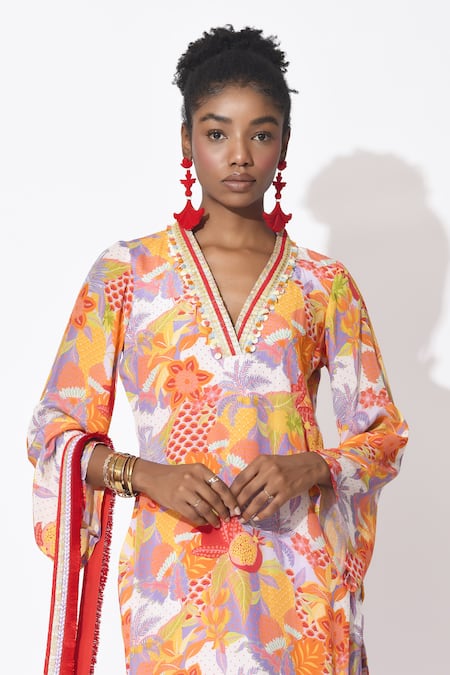 Rishi and Vibhuti_Orange Crepe Cut Work, Embroidery V-neck Carousel Embellished Kurta With Pant _Online_at_Aza_Fashions