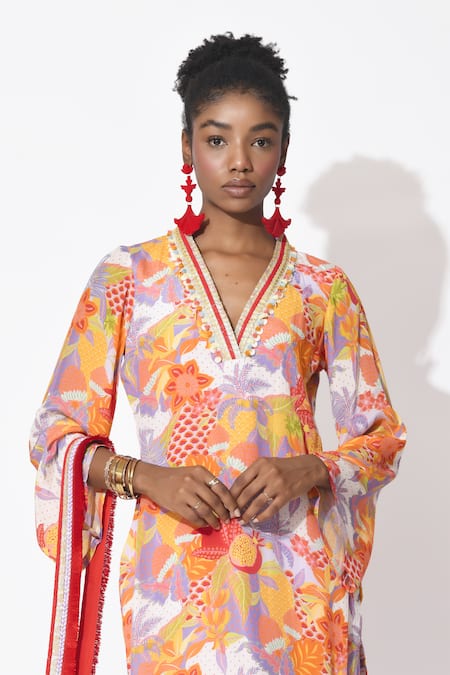 Buy_Rishi and Vibhuti_Orange Crepe Cut Work, Embroidery V-neck Carousel Embellished Kurta With Pant _Online_at_Aza_Fashions