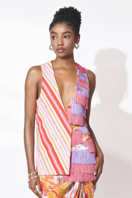 Rishi and Vibhuti Orange Crepe Sequins, Fringe, Embroidery V-neck Craze Charm Vest With Skirt Online at Aza Fashions Rishi and Vibhuti_Orange Crepe Sequins, Fringe, Embroidery V-neck Craze Charm Vest With Skirt _Online_at_Aza_Fashions