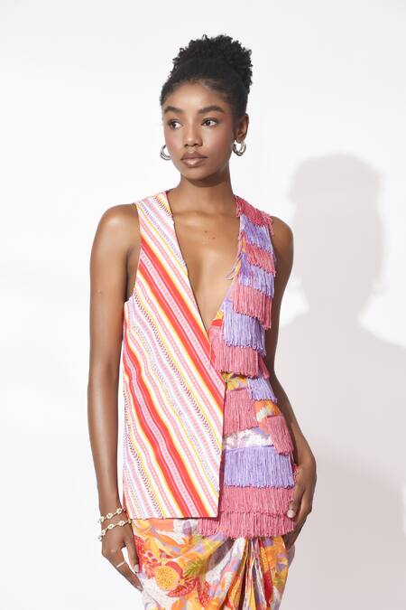 Buy Rishi and Vibhuti Orange Crepe Sequins, Fringe, Embroidery V-neck Craze Charm Vest With Skirt Online at Aza Fashions Buy_Rishi and Vibhuti_Orange Crepe Sequins, Fringe, Embroidery V-neck Craze Charm Vest With Skirt _Online_at_Aza_Fashions