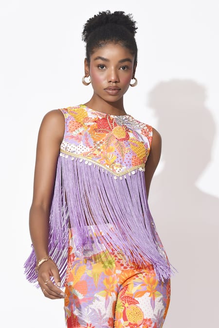 Rishi and Vibhuti_Orange Crepe Fringe Round Neck Lavender Bliss Embroidered Printed Top With Pant _Online_at_Aza_Fashions