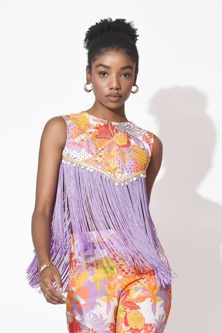 Buy_Rishi and Vibhuti_Orange Crepe Fringe Round Neck Lavender Bliss Embroidered Printed Top With Pant _Online_at_Aza_Fashions