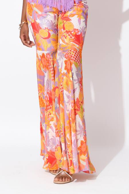 Shop_Rishi and Vibhuti_Orange Crepe Fringe Round Neck Lavender Bliss Embroidered Printed Top With Pant _Online_at_Aza_Fashions