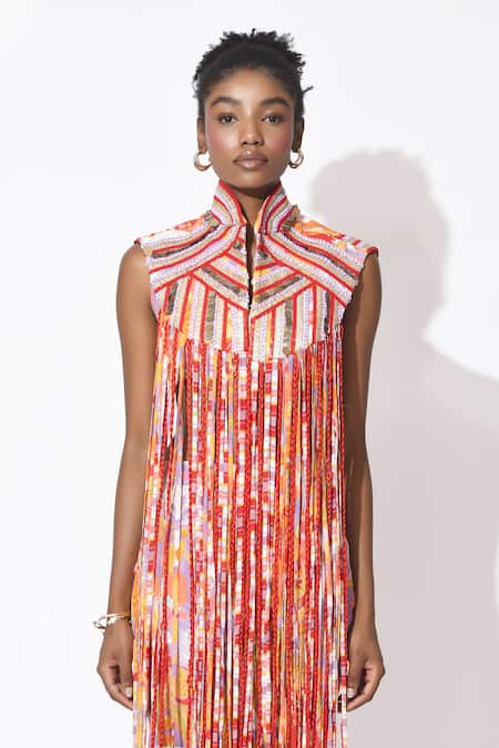 Rishi and Vibhuti_Orange Crepe Fringe, Embroidery, Tassels Rio Revelry Embellished Top Pant Set _Online_at_Aza_Fashions