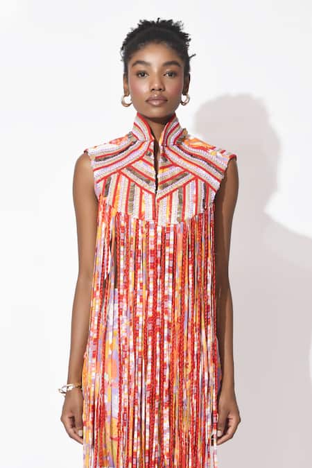 Buy_Rishi and Vibhuti_Orange Crepe Fringe, Embroidery, Tassels Rio Revelry Embellished Top Pant Set _Online_at_Aza_Fashions