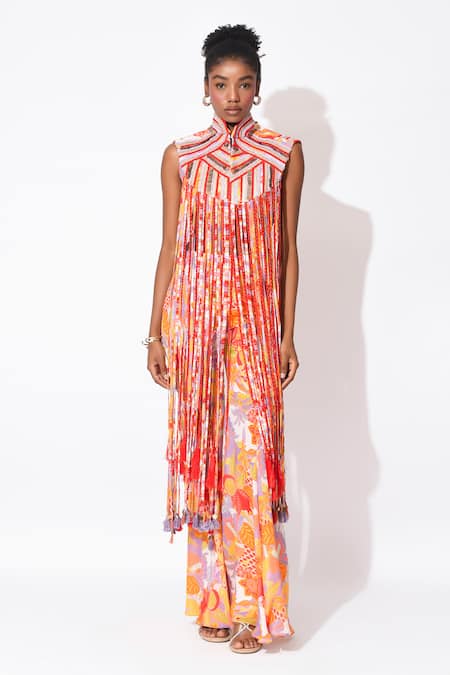 Shop_Rishi and Vibhuti_Orange Crepe Fringe, Embroidery, Tassels Rio Revelry Embellished Top Pant Set _Online_at_Aza_Fashions