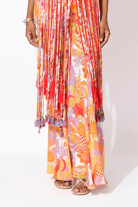 Rishi and Vibhuti_Orange Crepe Fringe, Embroidery, Tassels Rio Revelry Embellished Top Pant Set _at_Aza_Fashions
