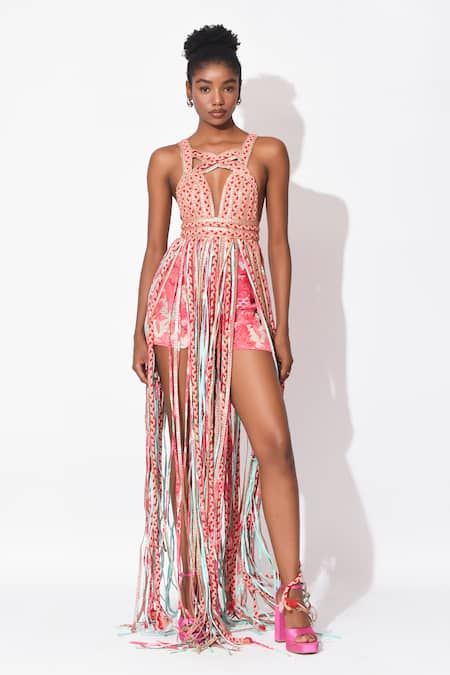 Buy_Rishi and Vibhuti_Pink Crepe Tassels, Fringe Asymmetric Alaya Embellished Shorts With Dress _Online_at_Aza_Fashions