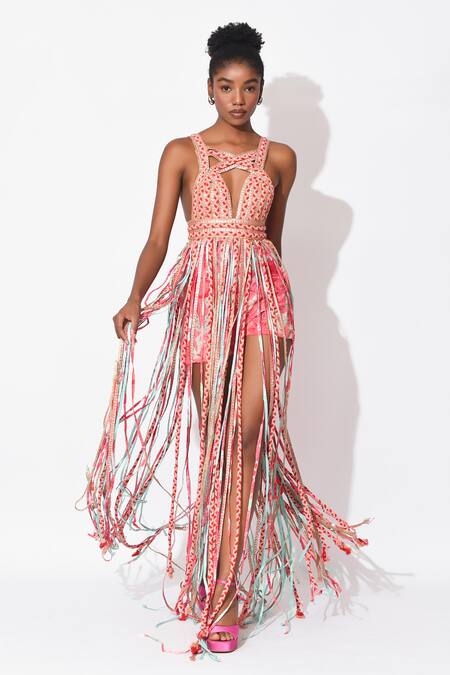 Rishi and Vibhuti_Pink Crepe Tassels, Fringe Asymmetric Alaya Embellished Shorts With Dress _at_Aza_Fashions