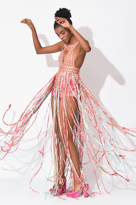 Buy_Rishi and Vibhuti_Pink Crepe Tassels, Fringe Asymmetric Alaya Embellished Shorts With Dress 