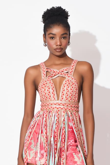 Shop_Rishi and Vibhuti_Pink Crepe Tassels, Fringe Asymmetric Alaya Embellished Shorts With Dress 