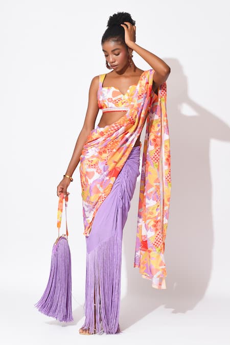 Rishi and Vibhuti Orange Crepe Printed Floral Notched Festive Frenzy Pre-draped Saree With Blouse 