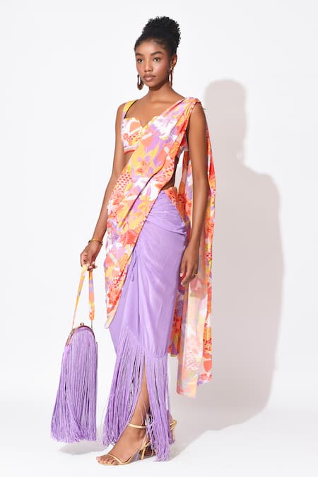 Shop Rishi and Vibhuti Orange Crepe Embroidery, Cut Festive Frenzy Printed Pre-draped Saree With Blouse Online at Aza Fashions Shop_Rishi and Vibhuti_Orange Crepe Embroidery, Cut Festive Frenzy Printed Pre-draped Saree With Blouse _Online_at_Aza_Fashions