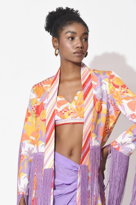 Rishi and Vibhuti_Orange Crepe Embroidery, Fringe Open Neck Lagoon Embellished Skirt Set _Online_at_Aza_Fashions