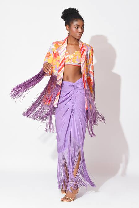 Shop_Rishi and Vibhuti_Orange Crepe Embroidery, Fringe Open Neck Lagoon Embellished Skirt Set _Online_at_Aza_Fashions