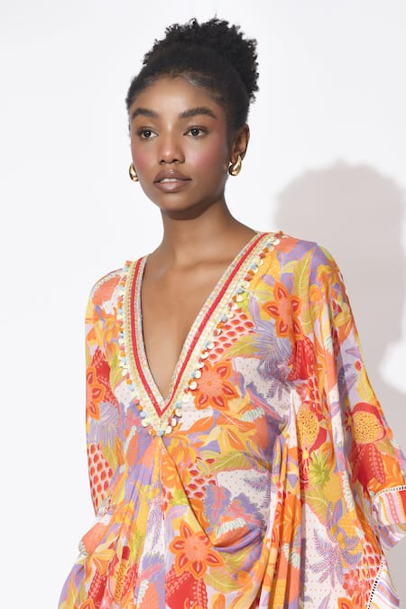 Rishi and Vibhuti_Orange Crepe, Organza Fringe, Embroidery V-neck Luna Embellished Printed Kaftan _Online_at_Aza_Fashions