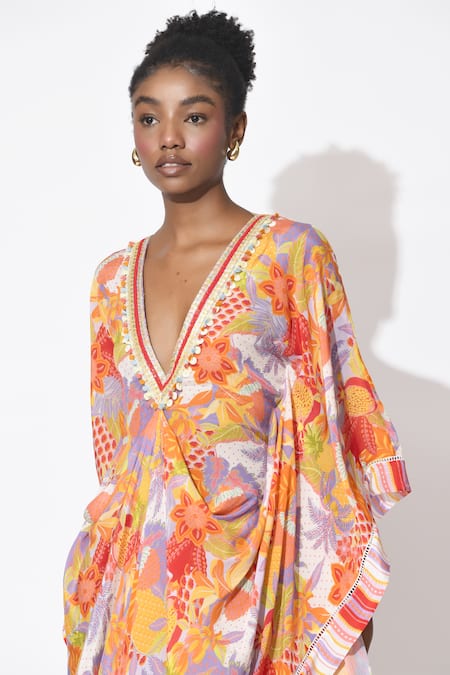 Buy_Rishi and Vibhuti_Orange Crepe, Organza Fringe, Embroidery V-neck Luna Embellished Printed Kaftan _Online_at_Aza_Fashions
