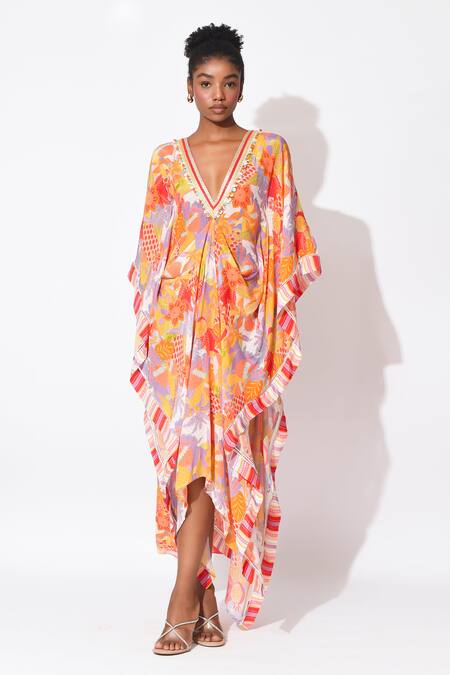 Shop_Rishi and Vibhuti_Orange Crepe, Organza Fringe, Embroidery V-neck Luna Embellished Printed Kaftan _Online_at_Aza_Fashions