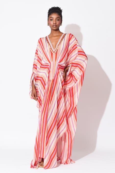 Rishi and Vibhuti Multi Color Crepe Printed Stripe V-neck Rio Carnival Embellished Kaftan 