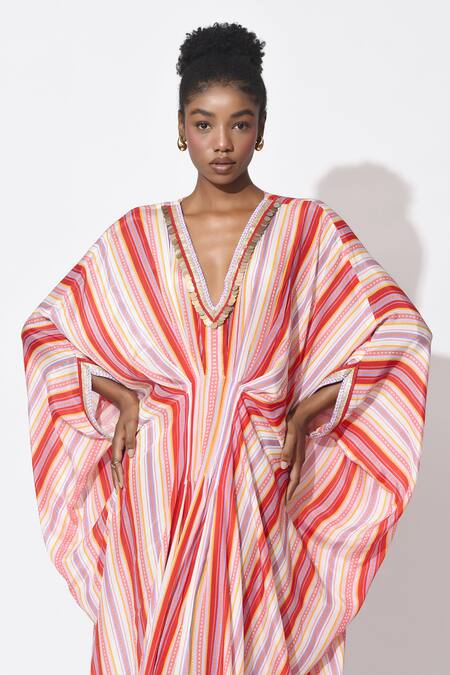 Rishi and Vibhuti Multi Color Crepe V-neck Rio Carnival Embellished Kaftan Online at Aza Fashions Rishi and Vibhuti_Multi Color Crepe V-neck Rio Carnival Embellished Kaftan _Online_at_Aza_Fashions