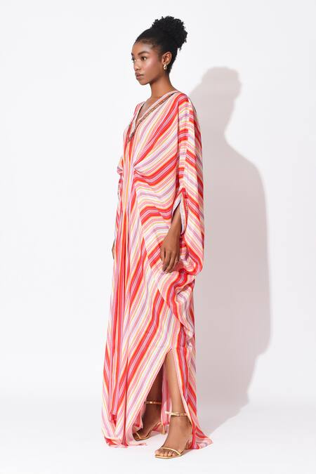 Shop Rishi and Vibhuti Multi Color Crepe V-neck Rio Carnival Embellished Kaftan Online at Aza Fashions Shop_Rishi and Vibhuti_Multi Color Crepe V-neck Rio Carnival Embellished Kaftan _Online_at_Aza_Fashions