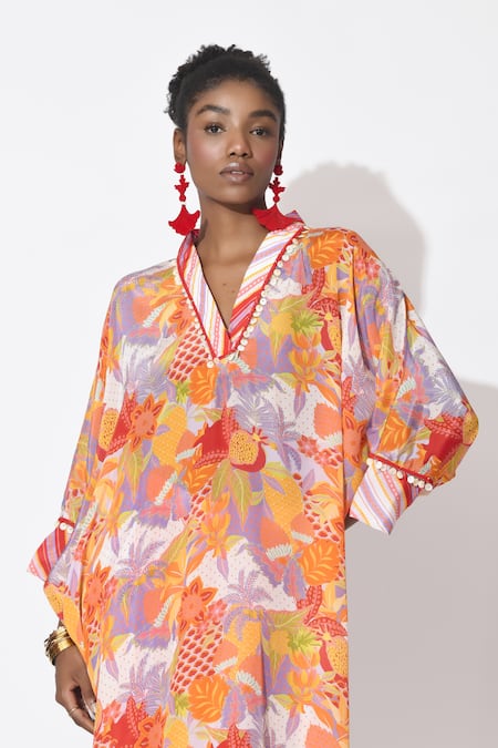 Buy_Rishi and Vibhuti_Orange Crepe Cut Work, Embroidery Tranquil Embellished Printed Kurta With Pant _Online_at_Aza_Fashions