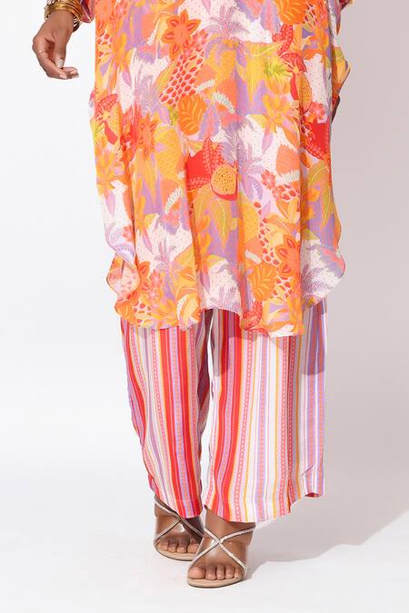 Shop_Rishi and Vibhuti_Orange Crepe Cut Work, Embroidery Tranquil Embellished Printed Kurta With Pant _Online_at_Aza_Fashions