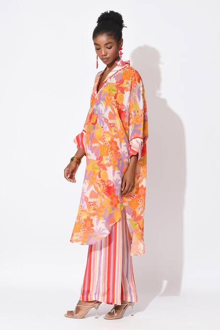 Rishi and Vibhuti_Orange Crepe Cut Work, Embroidery Tranquil Embellished Printed Kurta With Pant _at_Aza_Fashions