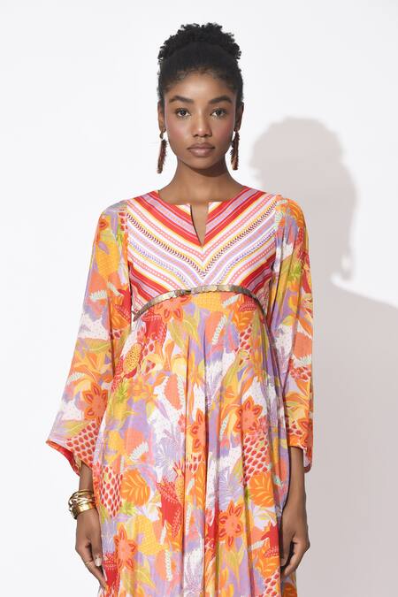 Rishi and Vibhuti_Orange Crepe, Organza Cut Work, Azure Embellished Printed Anarkali Pant Set _Online_at_Aza_Fashions