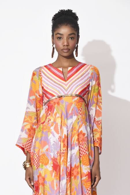 Buy_Rishi and Vibhuti_Orange Crepe, Organza Cut Work, Azure Embellished Printed Anarkali Pant Set _Online_at_Aza_Fashions