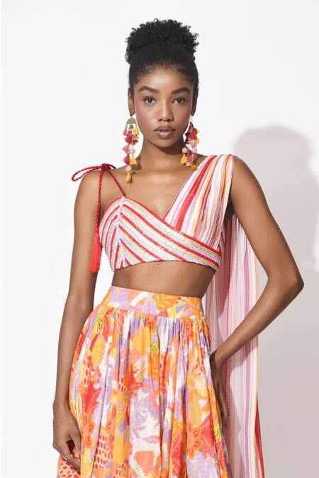 Buy_Rishi and Vibhuti_Orange Crepe Fringe, Crestfall Wave Embellished Printed Skirt With Top _Online_at_Aza_Fashions