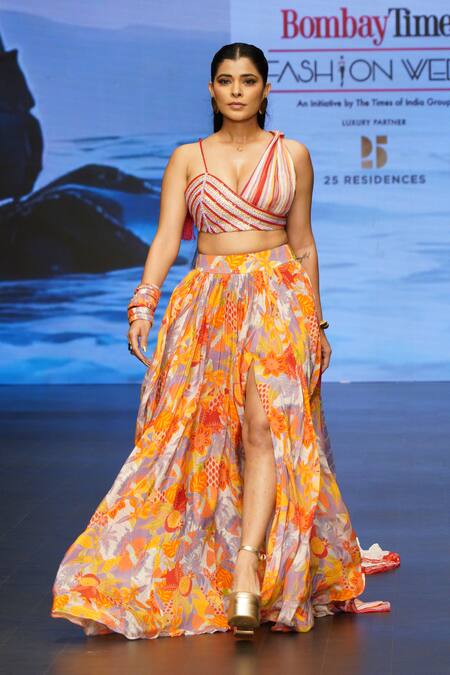 Shop_Rishi and Vibhuti_Orange Crepe Fringe, Crestfall Wave Embellished Printed Skirt With Top _Online_at_Aza_Fashions