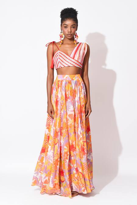 Rishi and Vibhuti_Orange Crepe Fringe, Crestfall Wave Embellished Printed Skirt With Top _at_Aza_Fashions