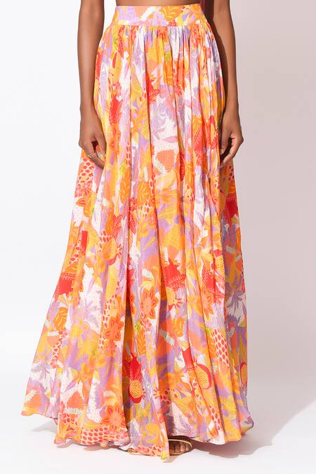 Buy_Rishi and Vibhuti_Orange Crepe Fringe, Crestfall Wave Embellished Printed Skirt With Top 