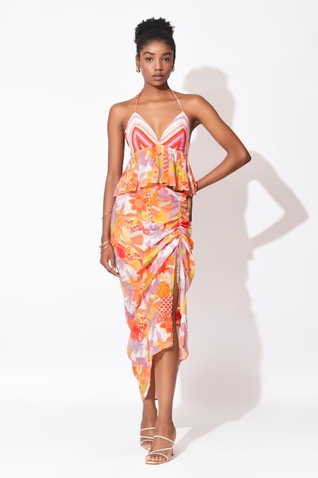 Rishi and Vibhuti Orange Crepe Printed Floral And Stripe Halter Neck Sway Symphony Top With Skirt 