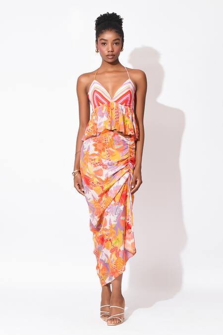 Buy_Rishi and Vibhuti_Orange Crepe Embroidery, Cut Work Halter Neck Printed Top And Ruched Skirt _Online_at_Aza_Fashions