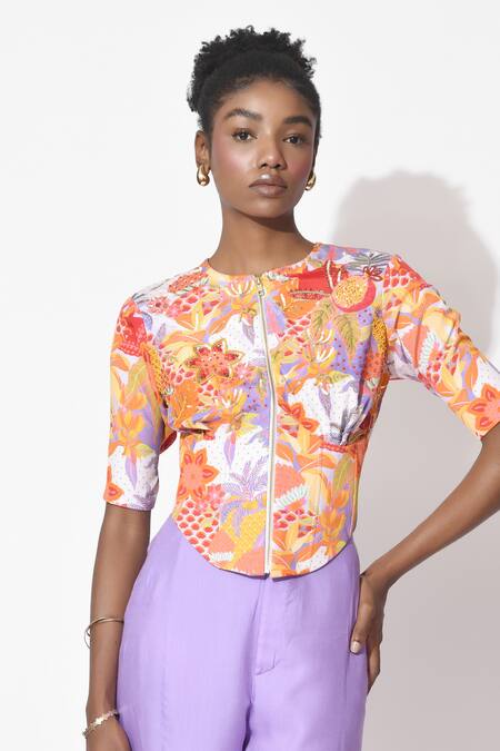 Rishi and Vibhuti_Orange Crepe, Organza Embroidery, Sequins Round Cabana Printed Corset With Pant _Online_at_Aza_Fashions