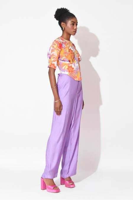 Rishi and Vibhuti_Orange Crepe, Organza Embroidery, Sequins Round Cabana Printed Corset With Pant _at_Aza_Fashions