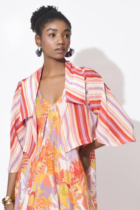 Rishi and Vibhuti Orange Crepe V-, Open Carbie Chic Floral Print Dress With Jacket Online at Aza Fashions Rishi and Vibhuti_Orange Crepe V-, Open Carbie Chic Floral Print Dress With Jacket _Online_at_Aza_Fashions